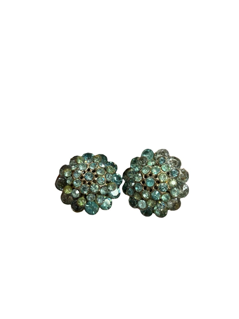 Vintage Coro Green Rhinestone Cluster Clip Earrings Silver Tone Signed 1940/50s
